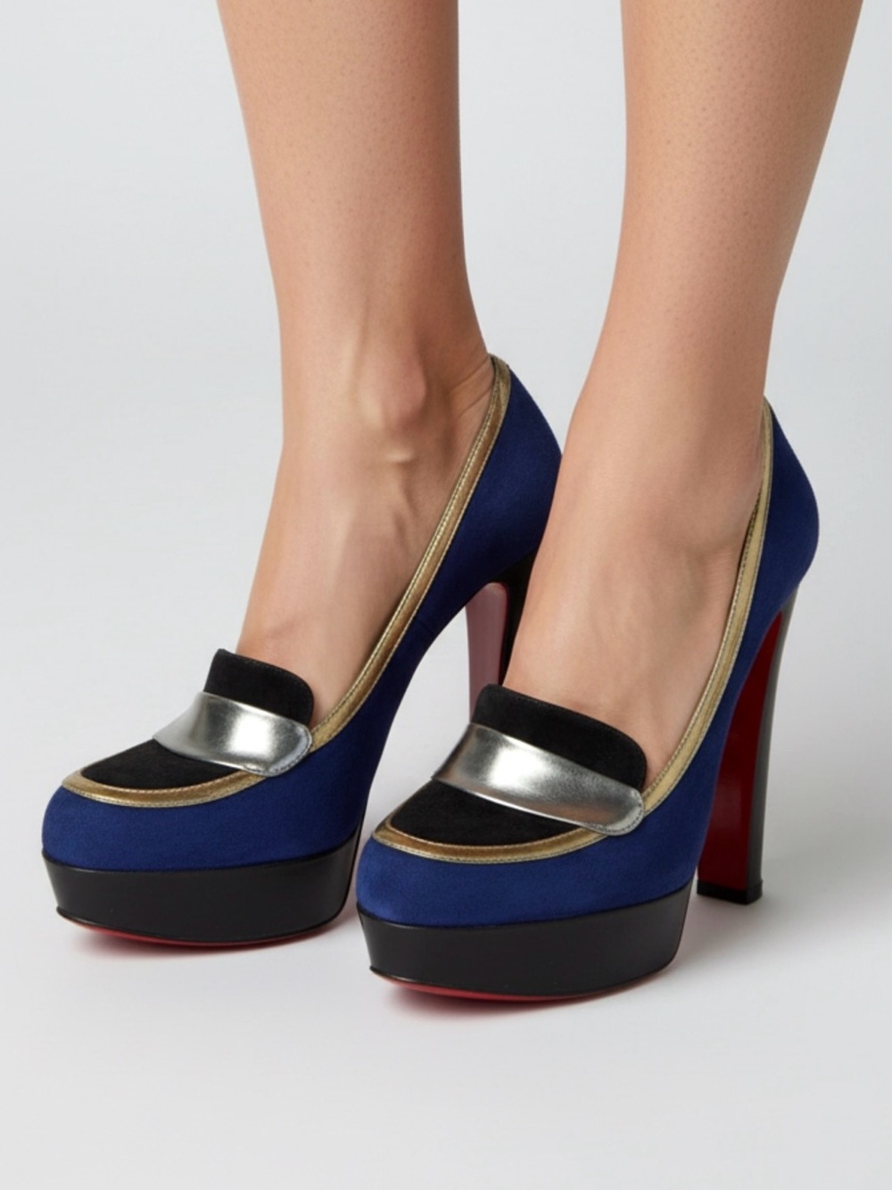 Christian Louboutin Trotitella 140 Blue Suede Metallic Platform Pumps Red Sole - Picture 2 of 10